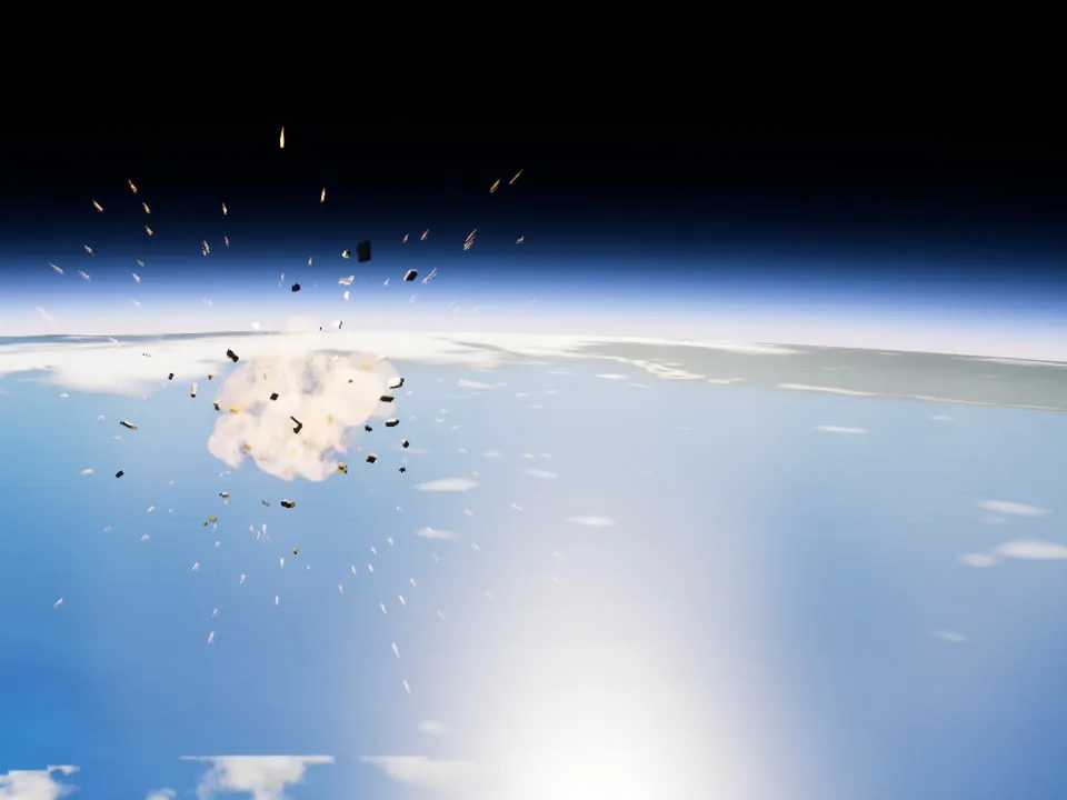 A rocket breaking apart high above the Earth, debris scattering.