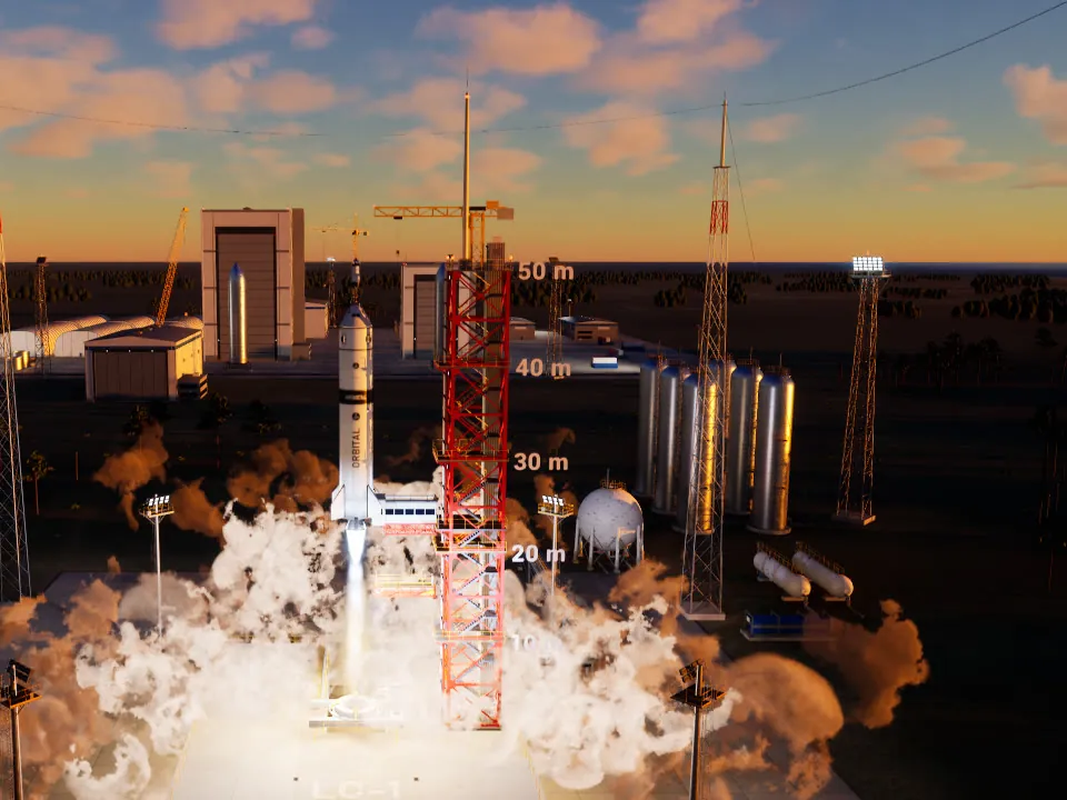 Liftoff at sunset beside the red launch tower, its height markings every 10 metres.