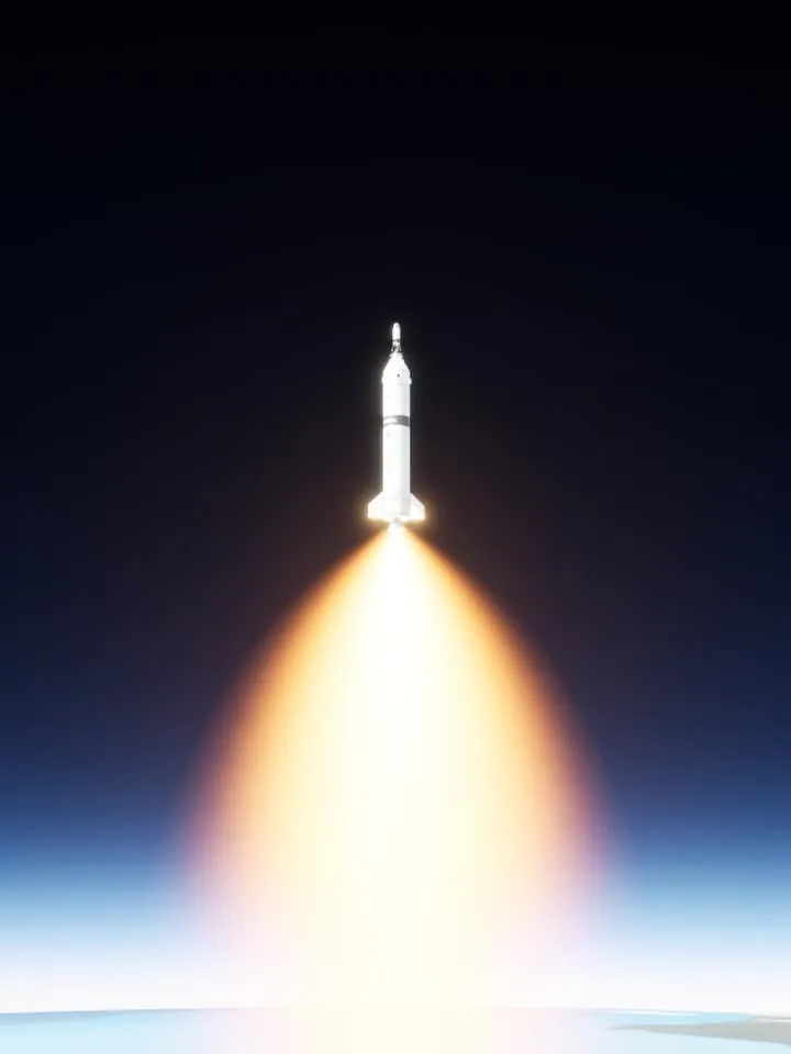 The rocket against a black sky, the glowing blue edge of the Earth below the plume.
