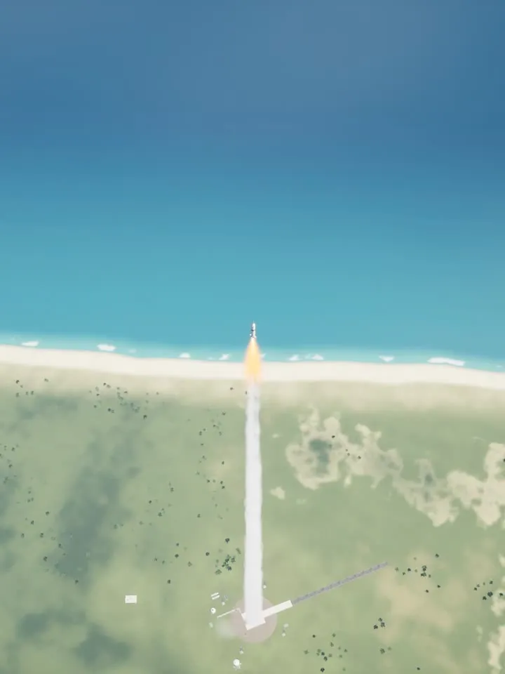 The rocket climbing over the coastline, its exhaust trail rising from the launch site.