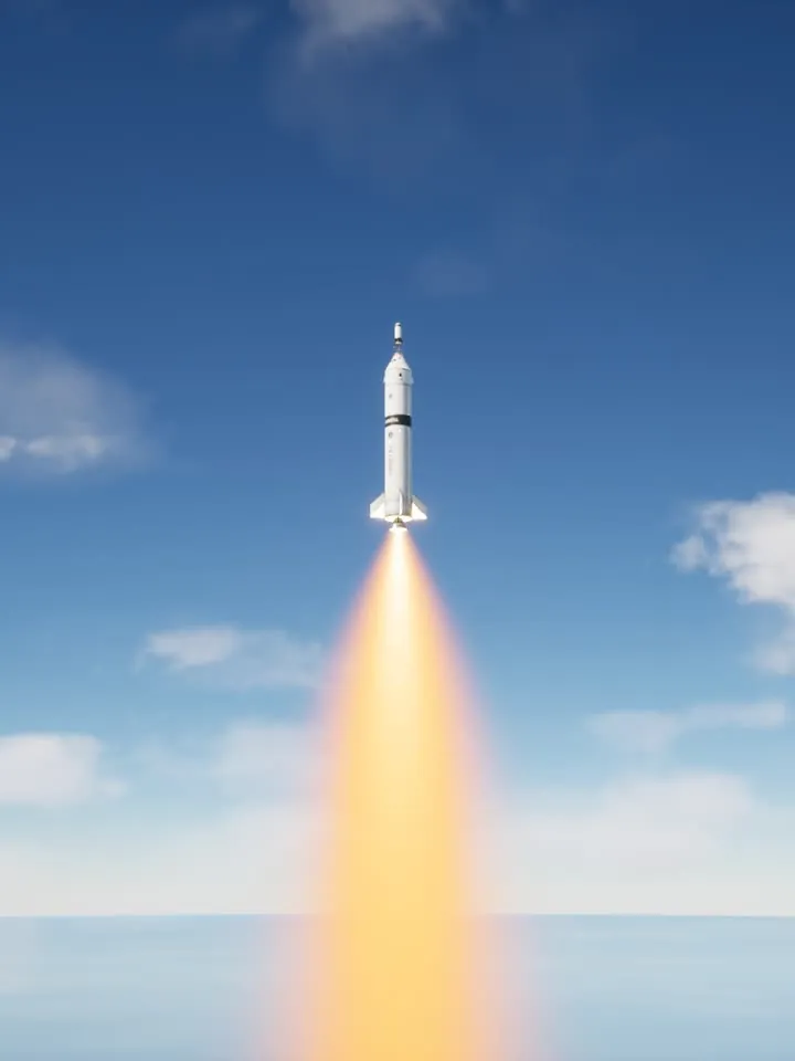 Pathfinder in a deep blue sky above scattered clouds, a long orange flame below it.