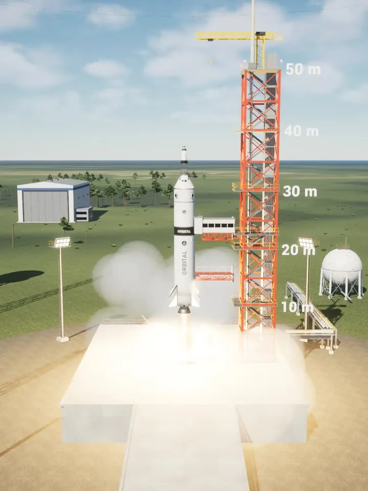 Pathfinder leaving the pad in a cloud of exhaust, beside the launch tower and its height markings.